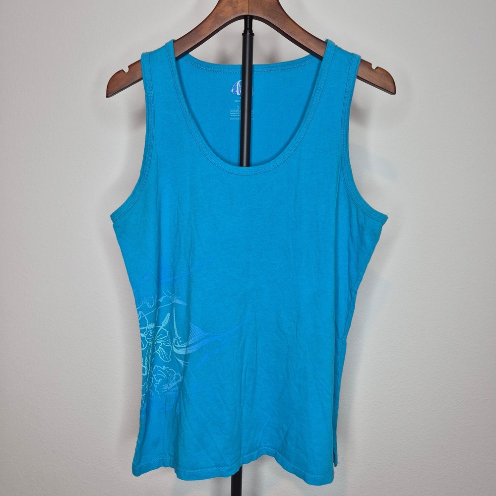 Guy Harvey AFTCO Bluewater Womens Blue Graphic Tank Top Marlin Hibiscus Large